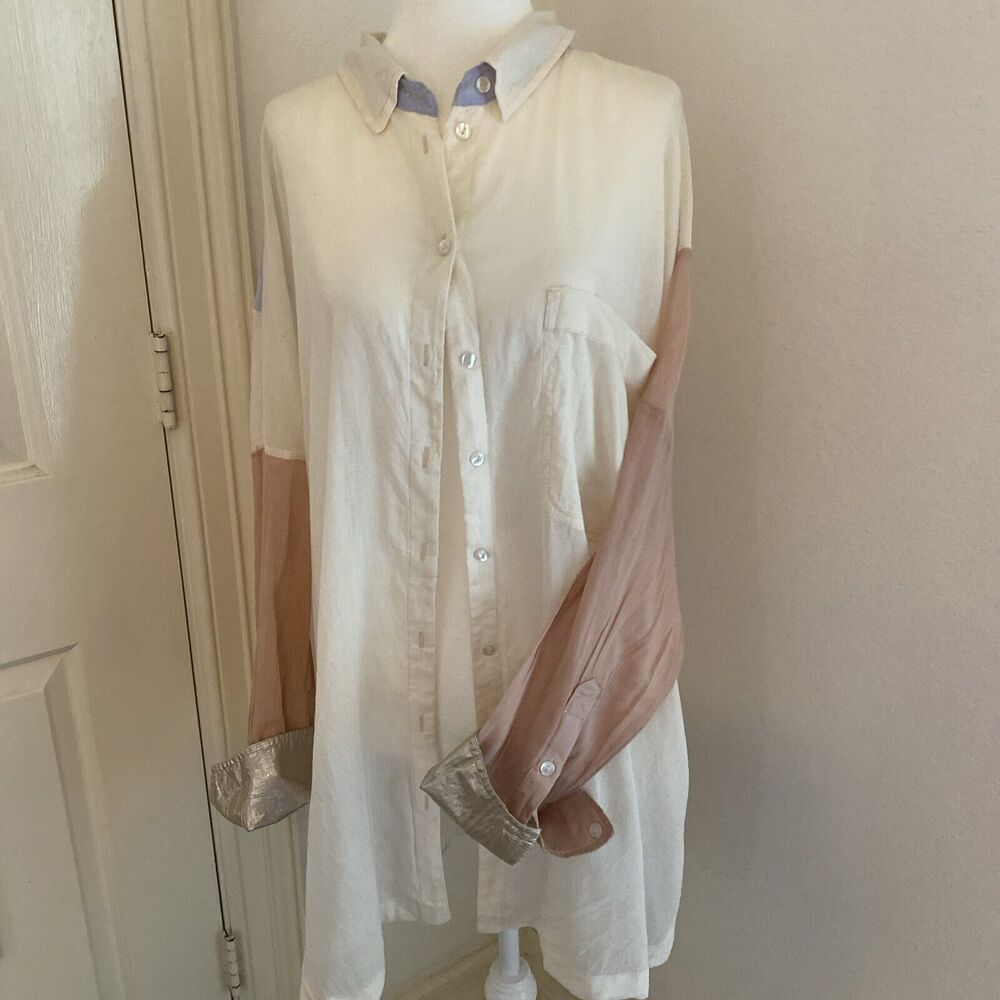 Free People Rainbow Rays Button Down Top Shirt Blouse Color Block Large